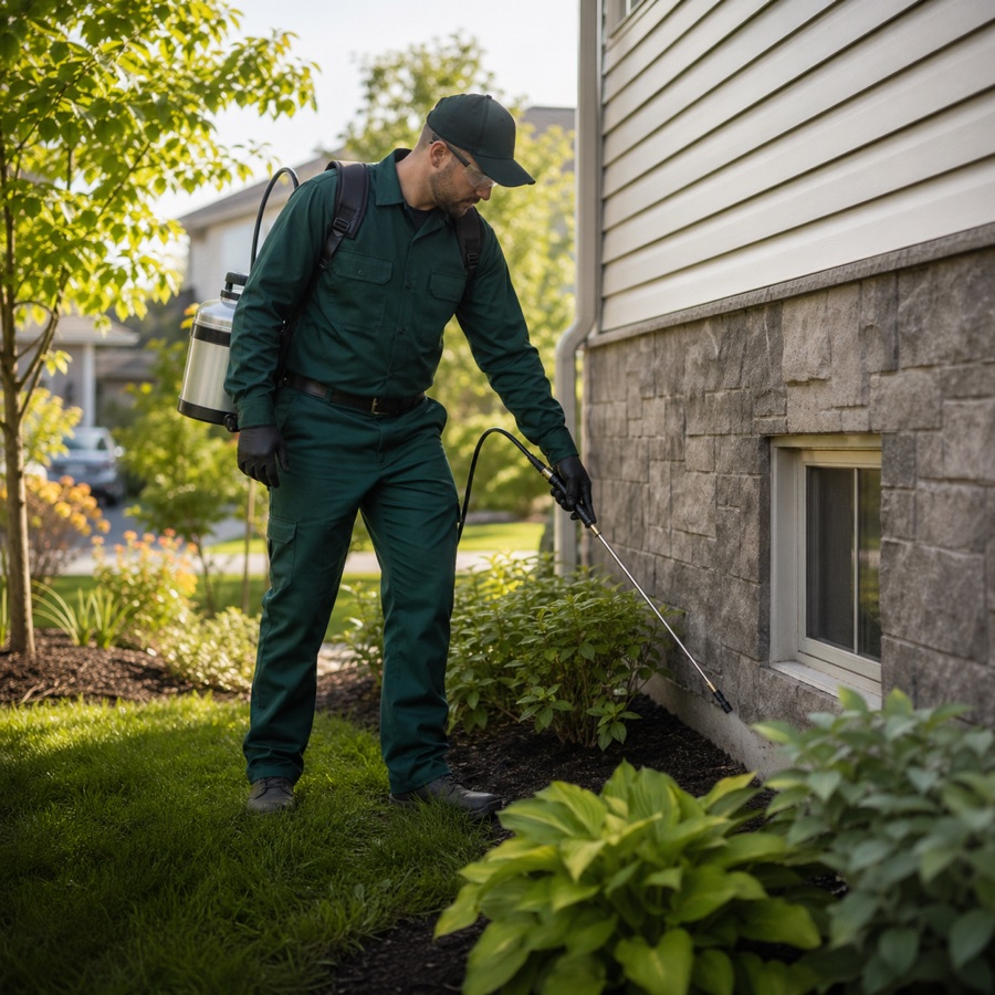 A pest control technician treating the exterior of a home.