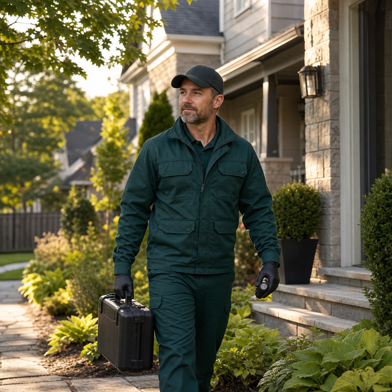 Un technicien en gestion parasitaire arrive a une maison de la region d'Ottawa avec une trousse d'inspection.