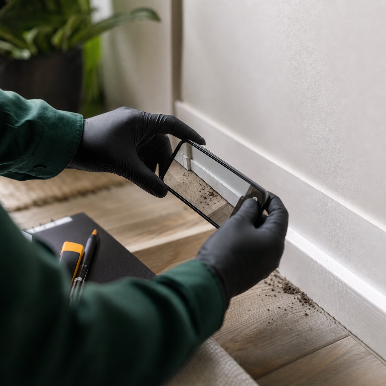 Un telephone utilise pour photographier des preuves de nuisible pres d'une plinthe pour Pest ID.