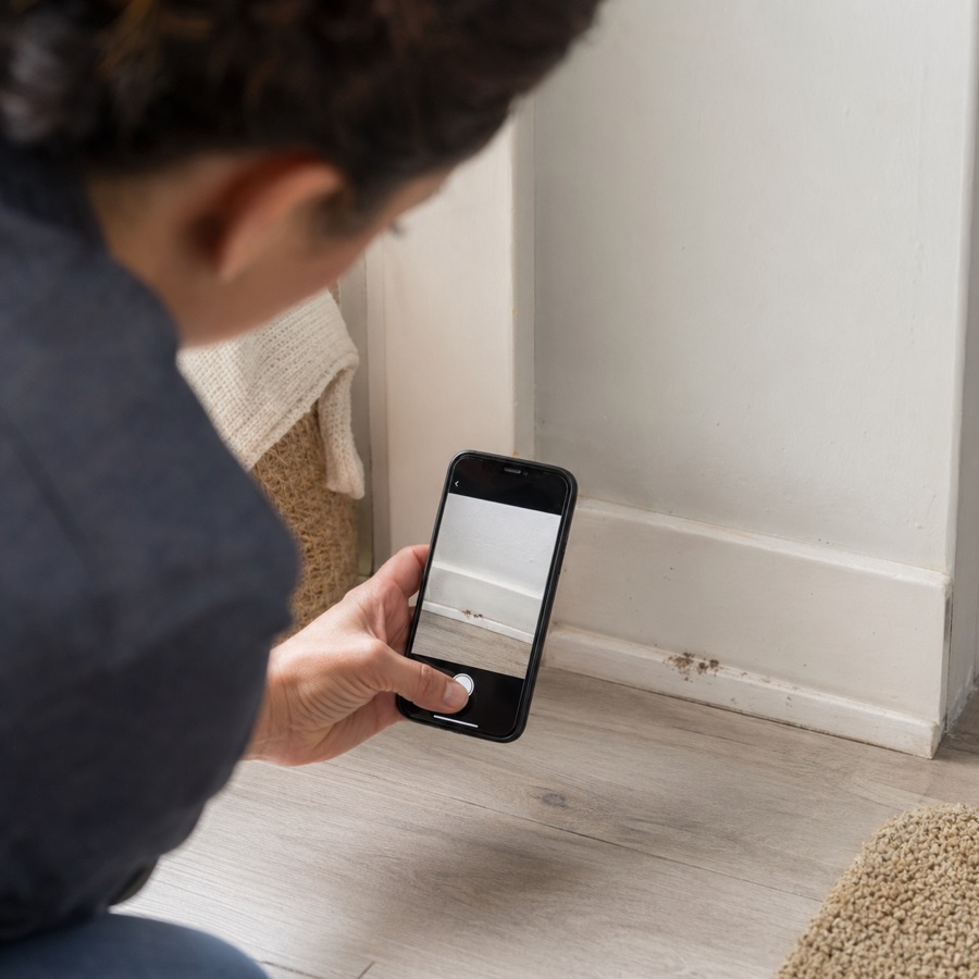 A person taking a clear phone photo near a baseboard for pest identification.