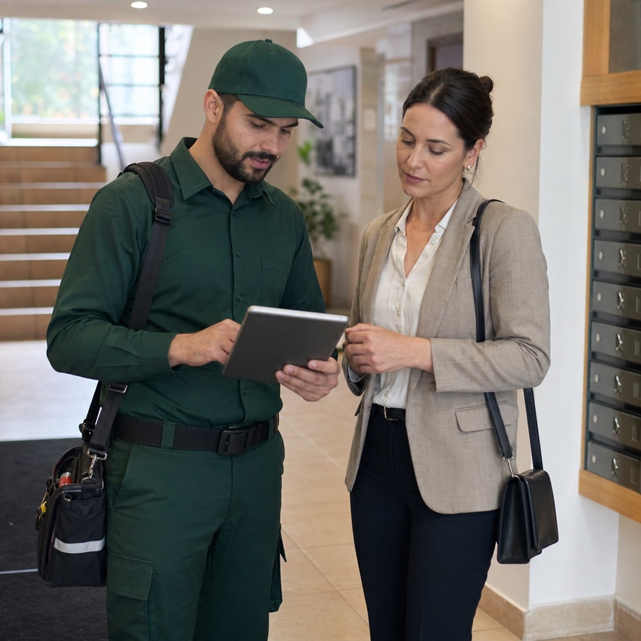 A pest control technician reviewing notes with a property manager.