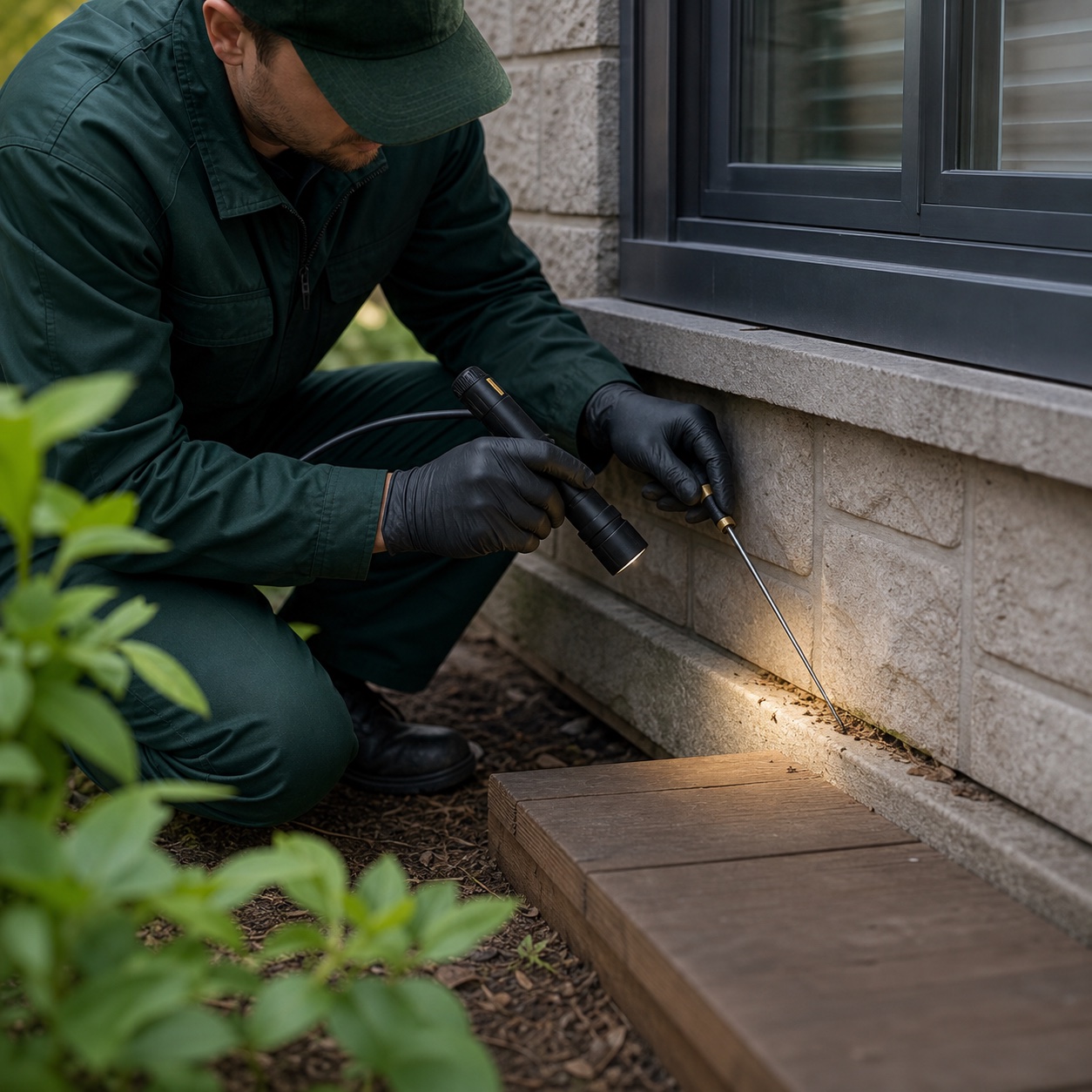 Un technicien inspecte des fourmis et de l'humidite autour d'une fondation exterieure.