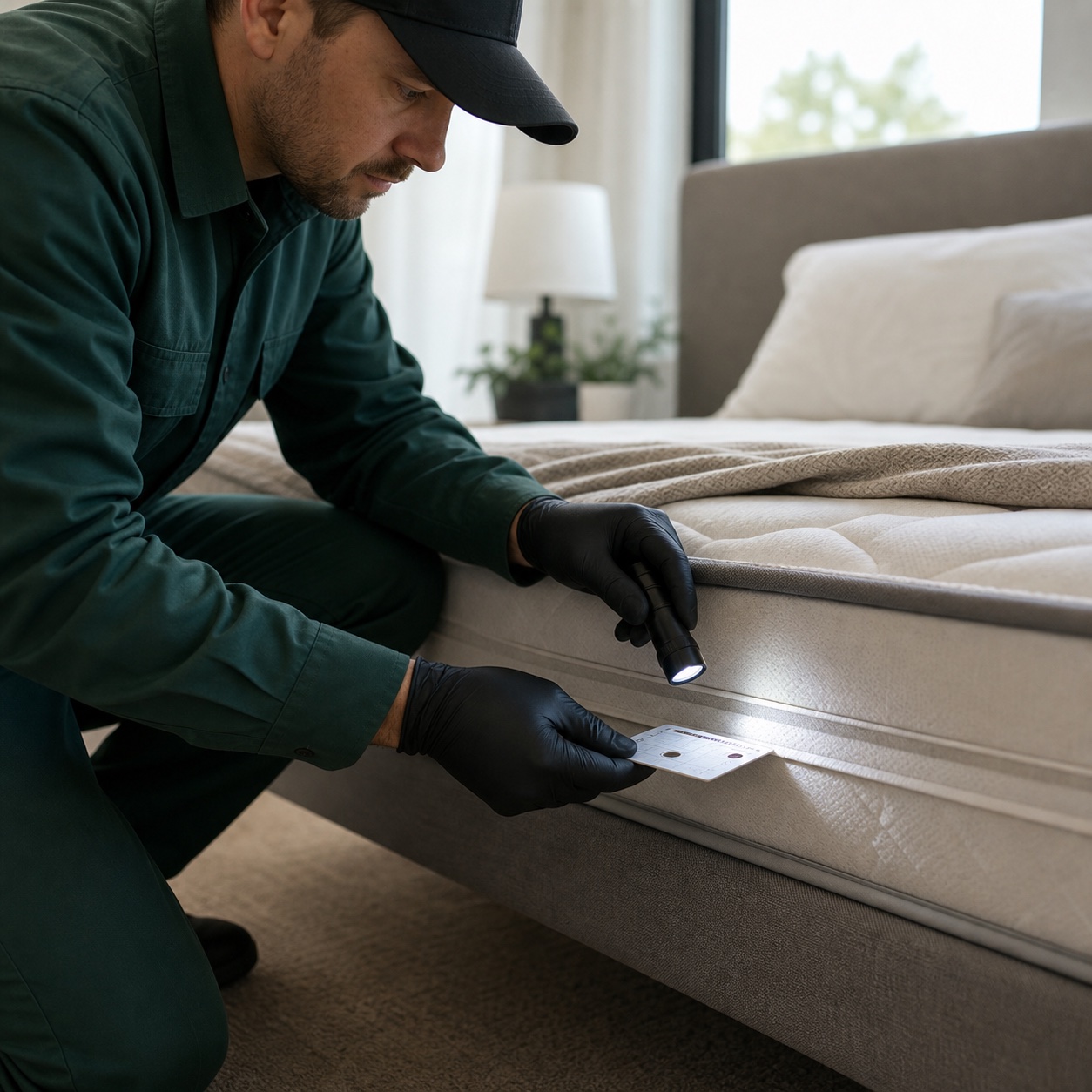Un technicien inspecte une couture de matelas avec une lampe de poche lors d'une analyse de punaises de lit.