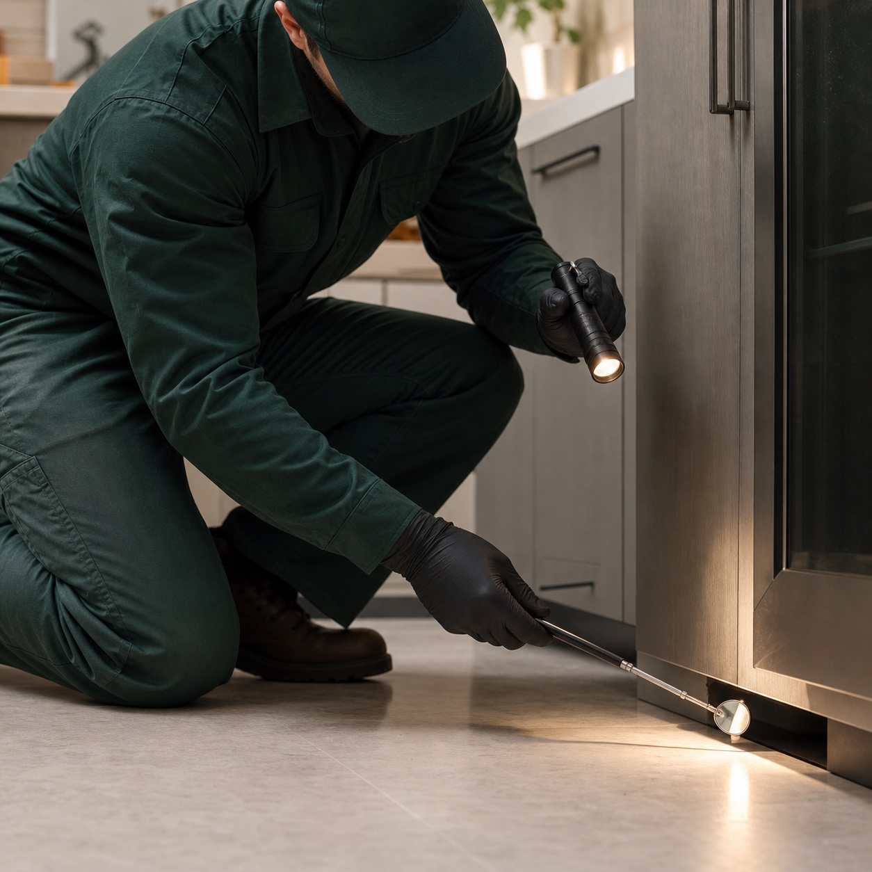 Un technicien inspecte un espace pres d'un appareil de cuisine avec lampe de poche et miroir.