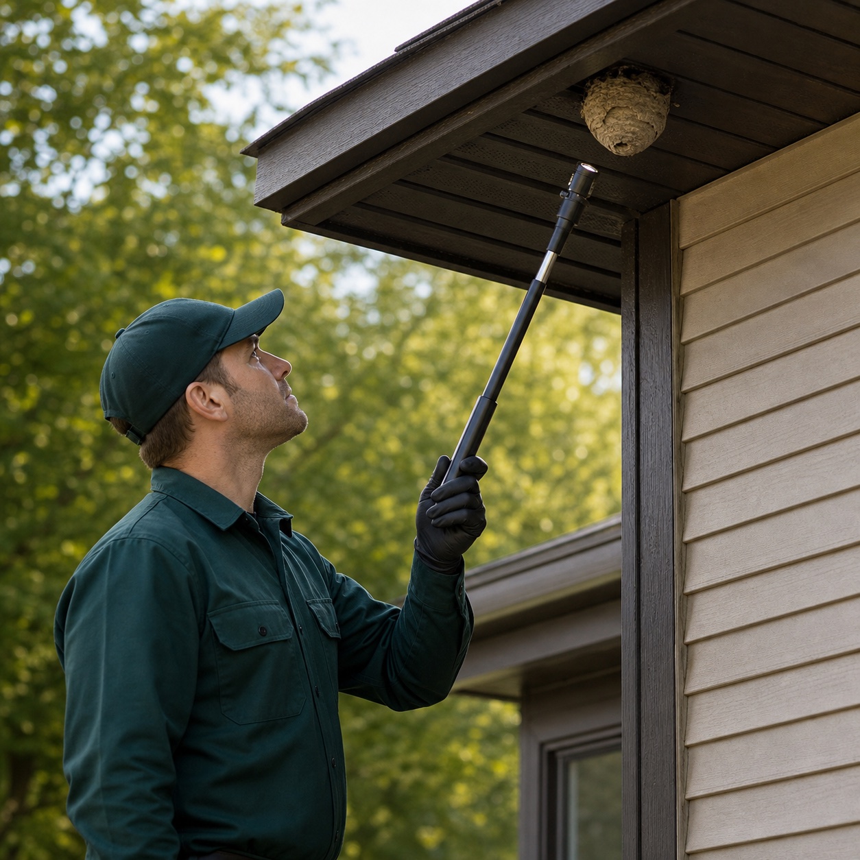 Un technicien evalue a distance securitaire un nid de guepes sous une ligne de toit.